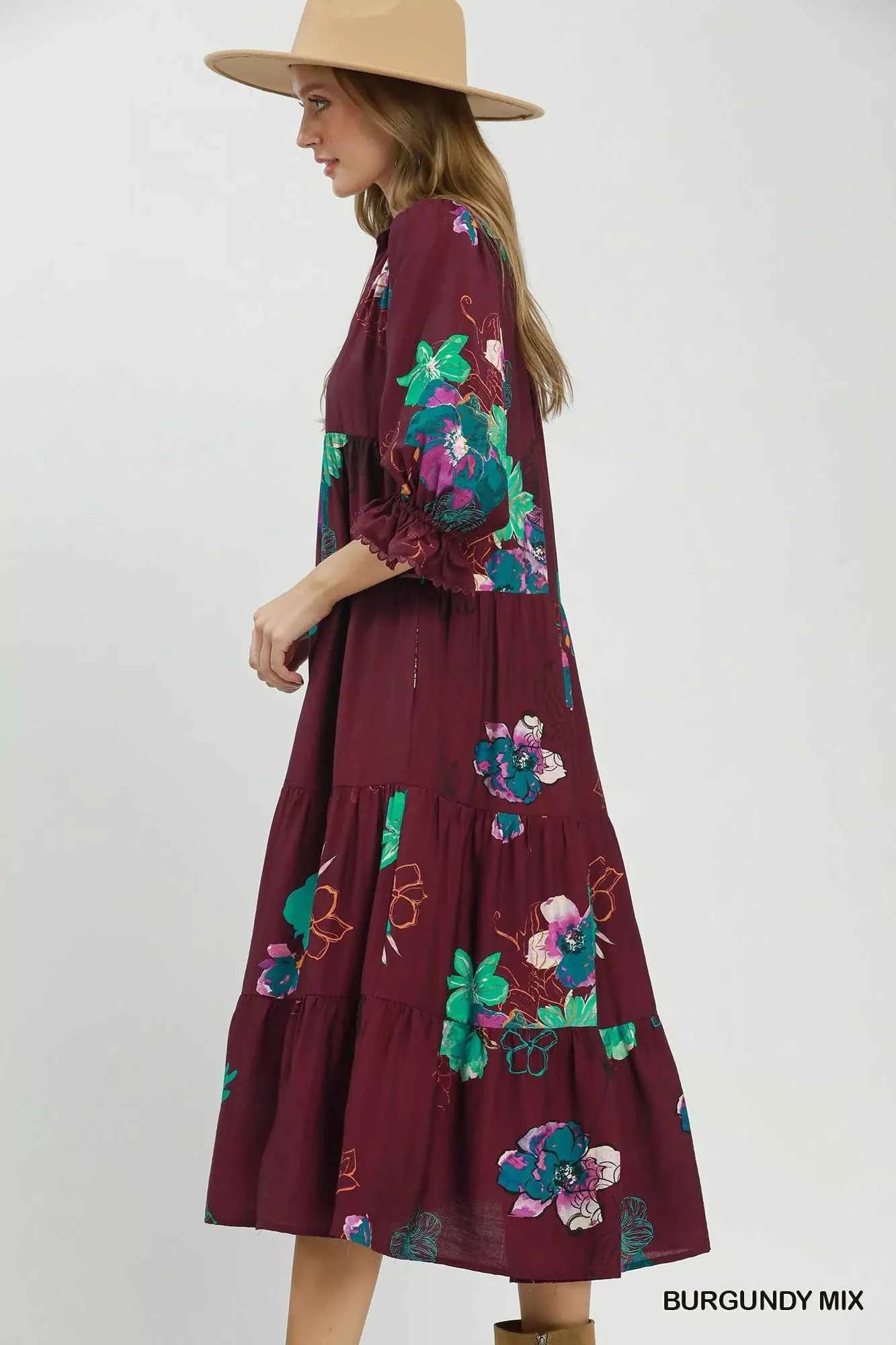 Umgee Floral Print Tiered Midi Dress with Puff Sleeves Umgee Floral Print Tiered Midi Dress with Puff Sleeves