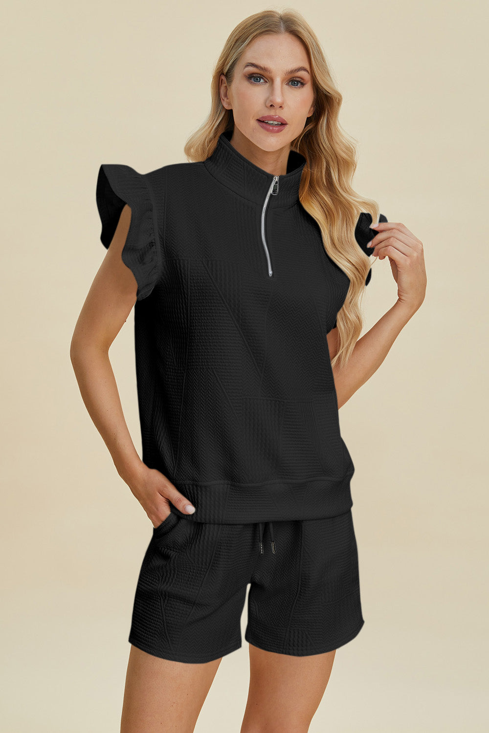 Double Take Full Size Texture Flounce Sleeve Top and Shorts Set Double Take Full Size Texture Flounce Sleeve Top and Shorts Set