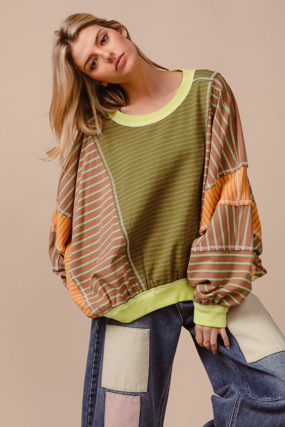 BiBi Color Block Striped Round Neck Sweatshirt BiBi Color Block Striped Round Neck Sweatshirt