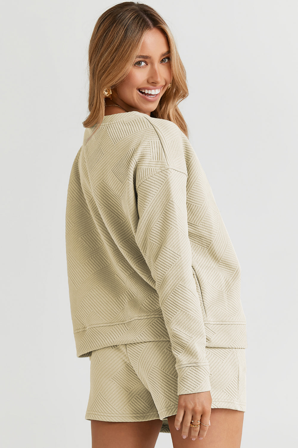 Double Take Full Size Texture Long Sleeve Top and Drawstring Shorts Set Double Take Full Size Texture Long Sleeve Top and Drawstring Shorts Set - TopFashionHQ