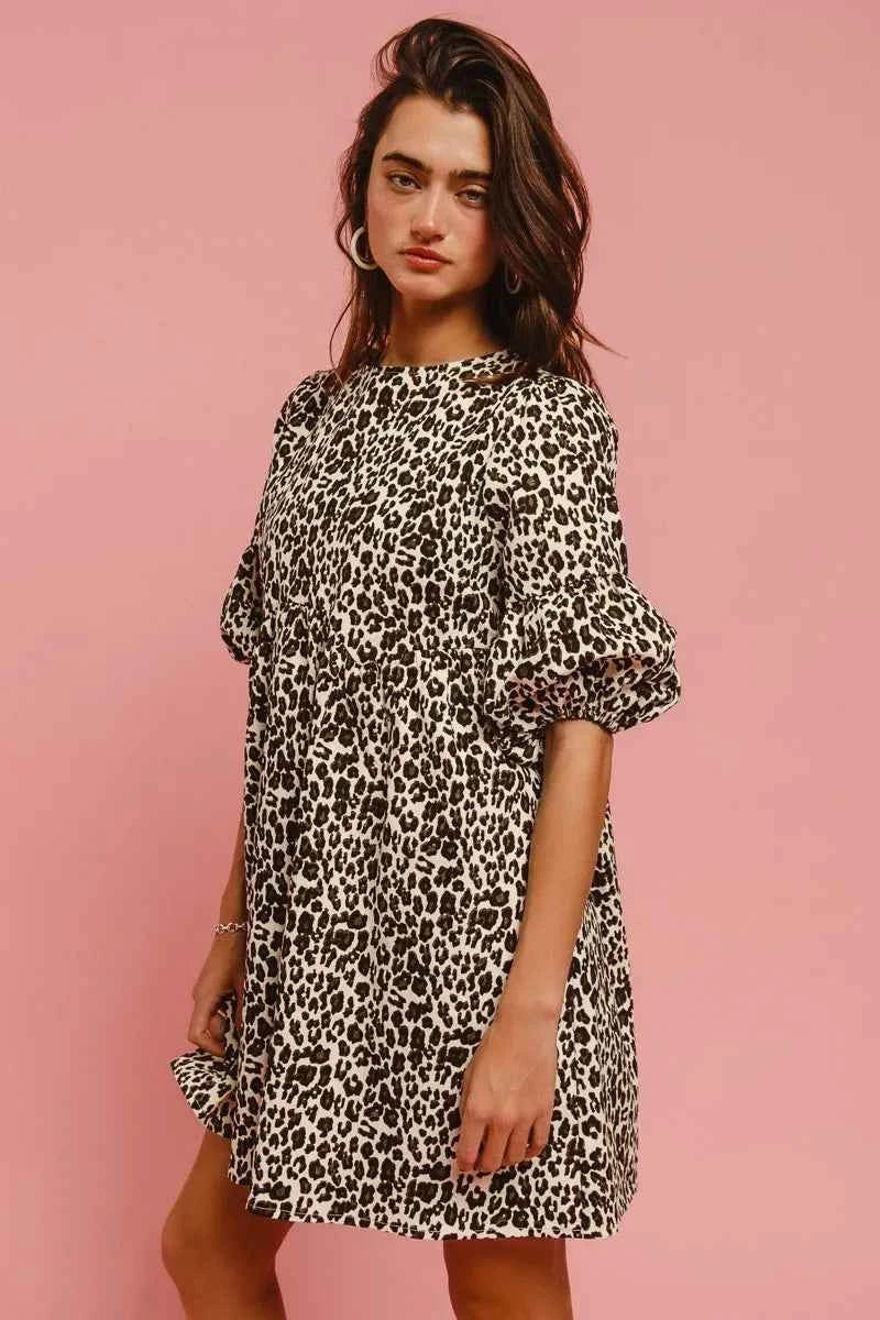 BiBi Leopard Denim Dress With Back Contrast Tie Detail BiBi Leopard Denim Dress With Back Contrast Tie Detail
