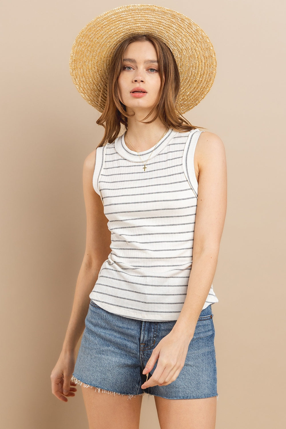 Ces Femme Striped Round Neck Tank Ces Femme Striped Round Neck Tank - TopFashionHQ