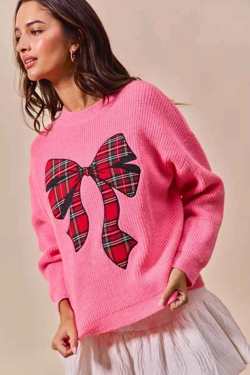 SO ME Checker Plaid Ribbon Christmas Holiday Sweater SO ME Checker Plaid Ribbon Christmas Holiday Sweater