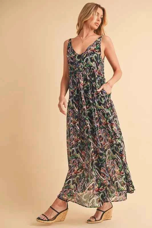 Aemi + Co Printed V-Neck Frill Tiered Cami Dress Aemi + Co Printed V-Neck Frill Tiered Cami Dress