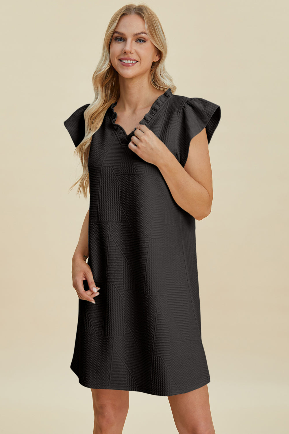 Double Take Full Size Ruffled V-Neck Cap Sleeve Dress Double Take Full Size Ruffled V-Neck Cap Sleeve Dress