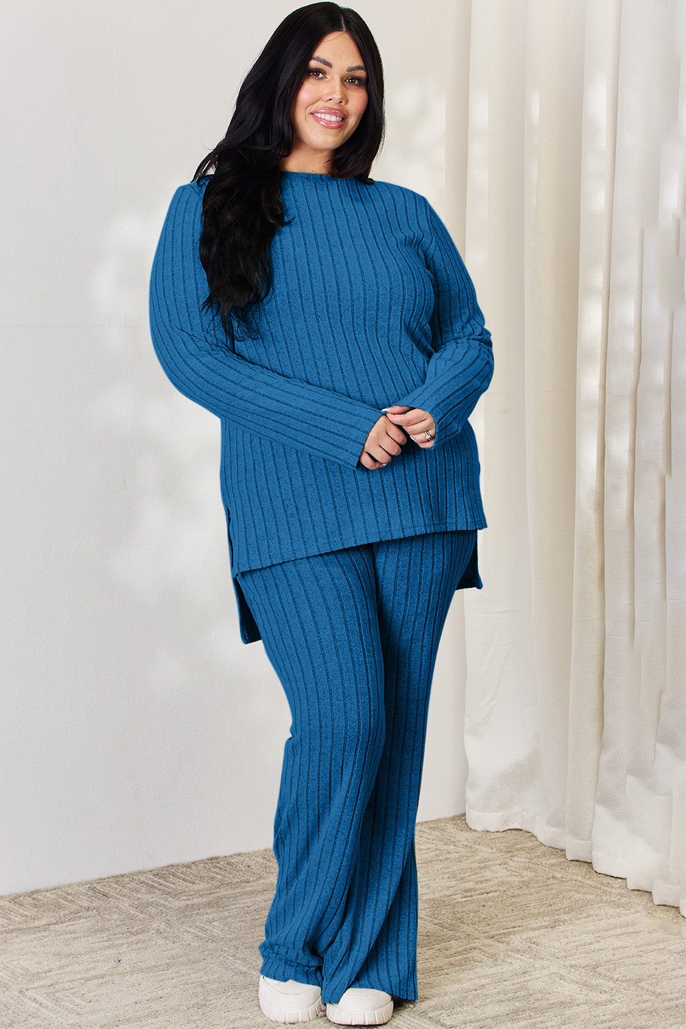 Basic Bae Full Size Ribbed High-Low Top and Wide Leg Pants Set Basic Bae Full Size Ribbed High-Low Top and Wide Leg Pants Set - TopFashionHQ