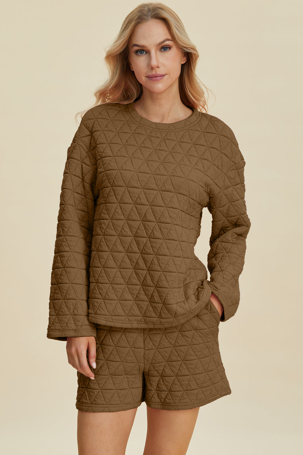 Double Take Full Size Texture Round Neck Long Sleeve Top and Shorts Set Double Take Full Size Texture Round Neck Long Sleeve Top and Shorts Set