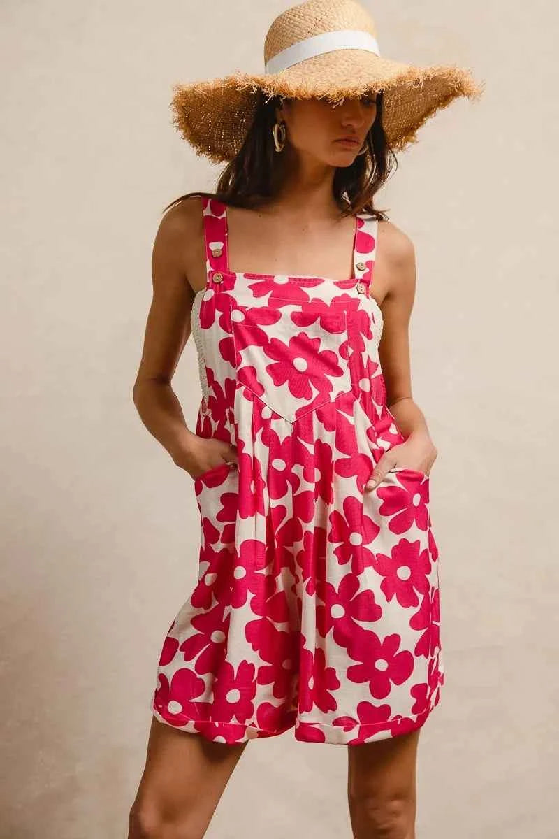 BiBi Floral Prints Tuck Detail Short Overall With Pockets BiBi Floral Prints Tuck Detail Short Overall With Pockets