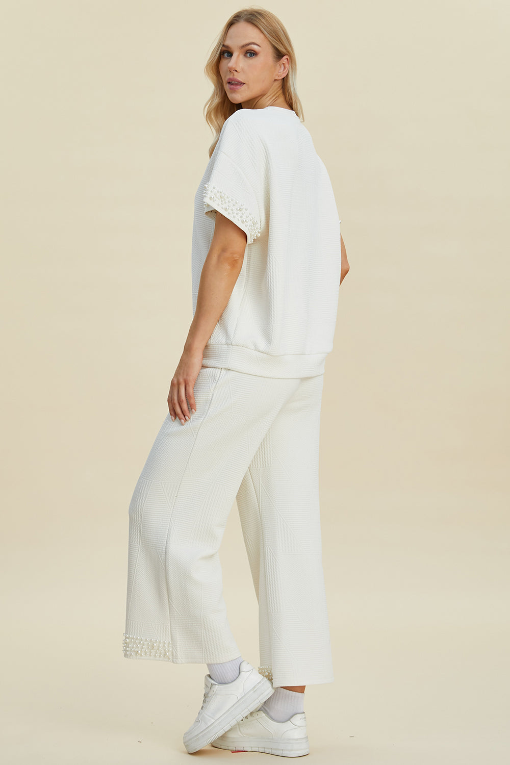 Double Take Full Size Pearl Detail Round Neck Top and Pants Set Double Take Full Size Pearl Detail Round Neck Top and Pants Set