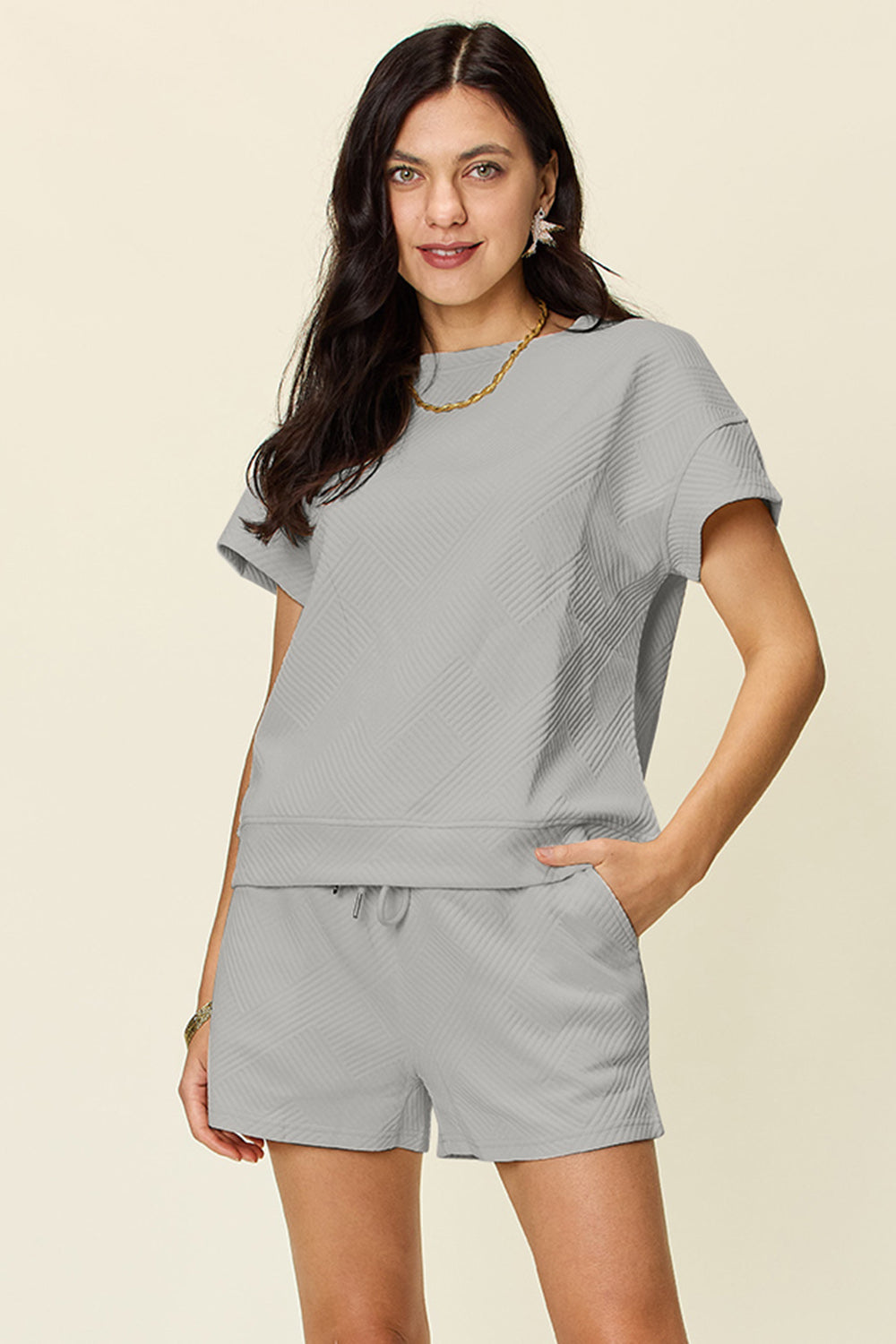 Double Take Full Size Texture Short Sleeve T-Shirt and Drawstring Shorts Set Double Take Full Size Texture Short Sleeve T-Shirt and Drawstring Shorts Set