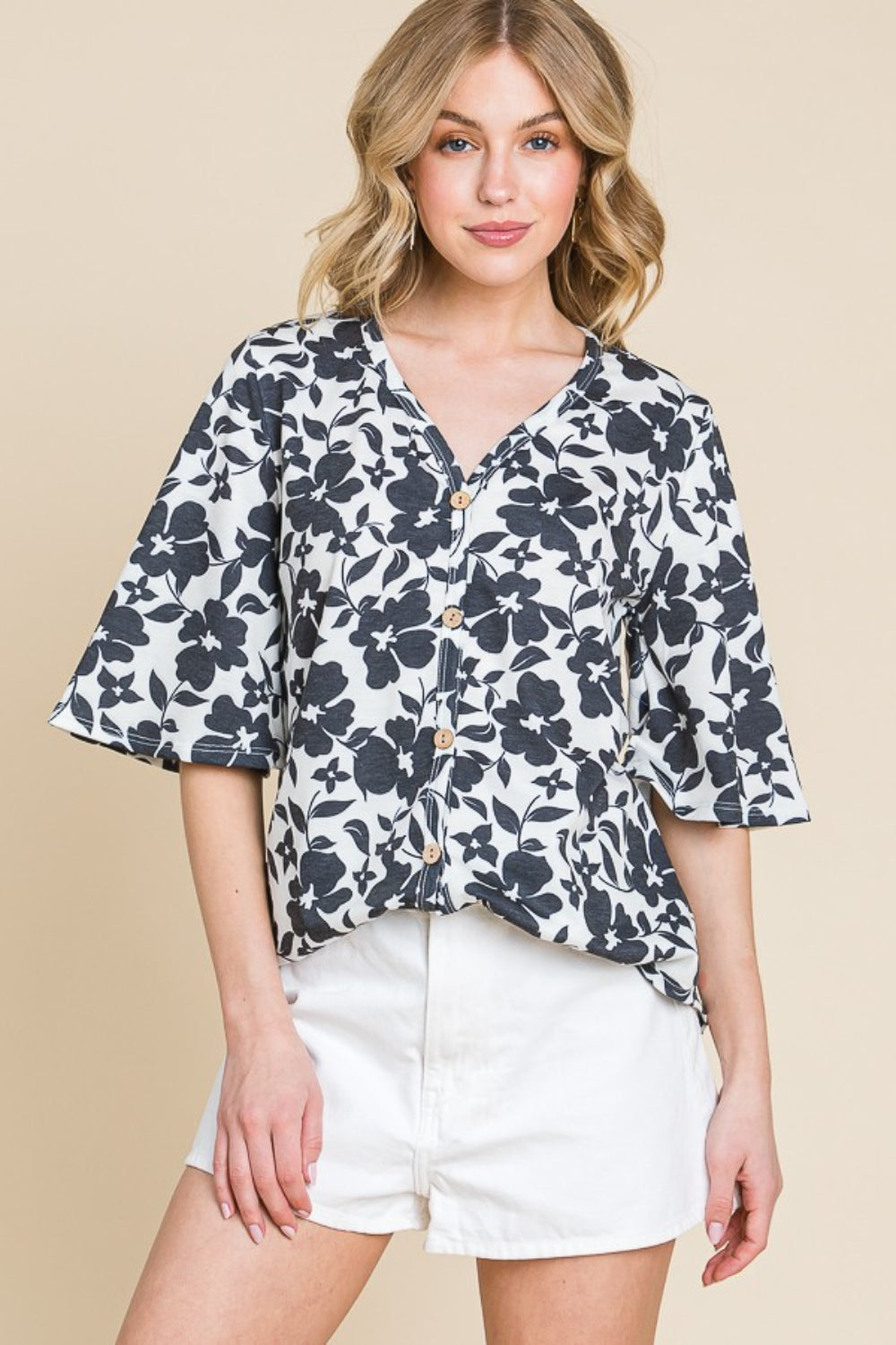 BOMBOM Floral Decorative Button V-Neck Top BOMBOM Floral Decorative Button V-Neck Top - TopFashionHQ
