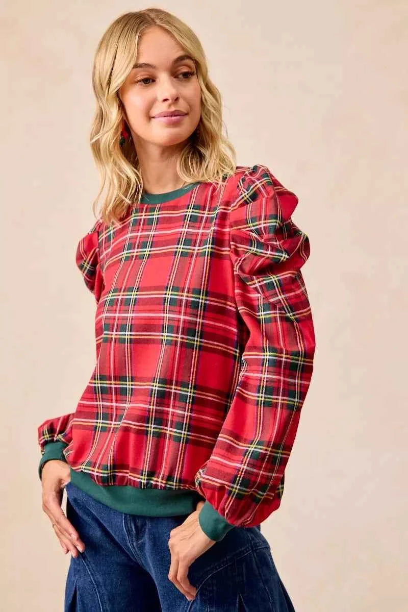 BiBi Christmas Plaid Exaggerated Shoulder Sleeves Top BiBi Christmas Plaid Exaggerated Shoulder Sleeves Top