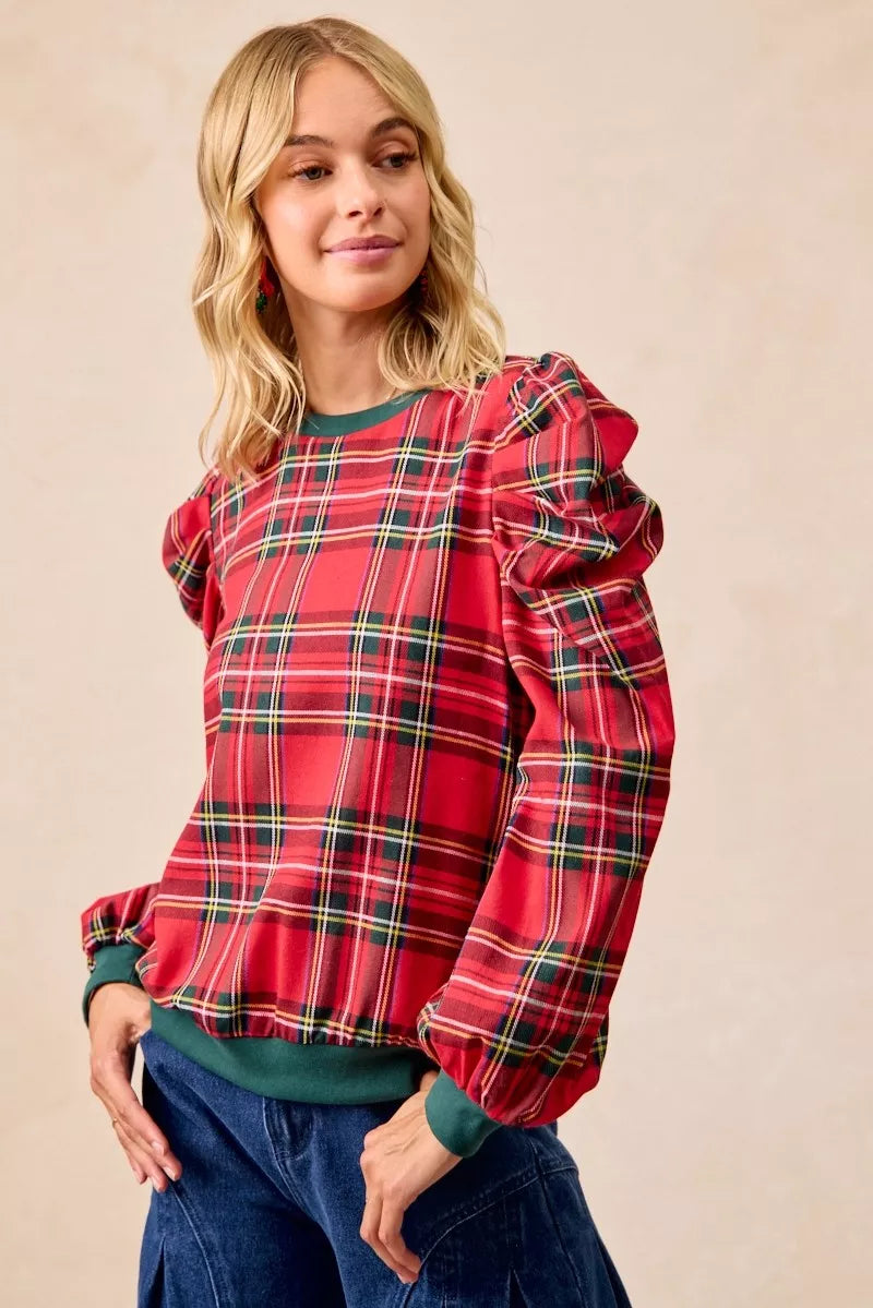 BiBi Christmas Plaid Exaggerated Shoulder Sleeves Top 25c70523611a4bd4983c7ccdb3ac079c-Max-Origin