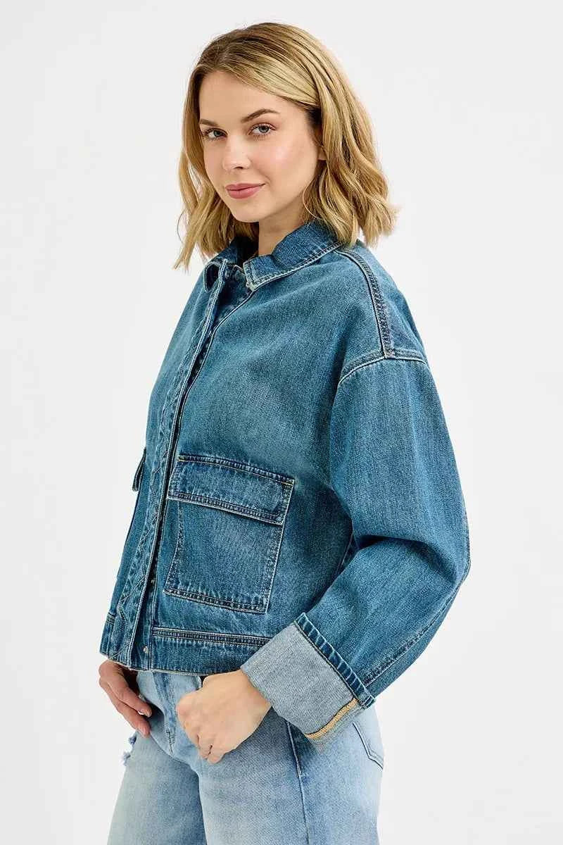 RISEN Oversized Cargo Pocket Denim Jacket with Cuffed Sleeves RISEN Oversized Cargo Pocket Denim Jacket with Cuffed Sleeves