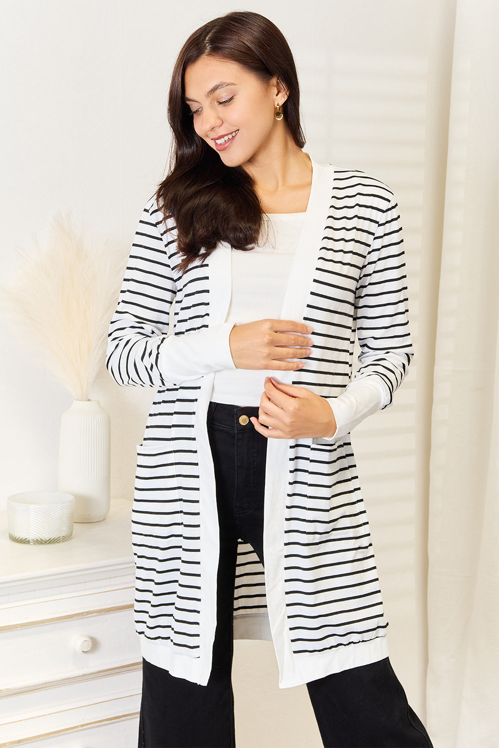 Double Take Striped Open Front Longline Cardigan Double Take Striped Open Front Longline Cardigan - TopFashionHQ