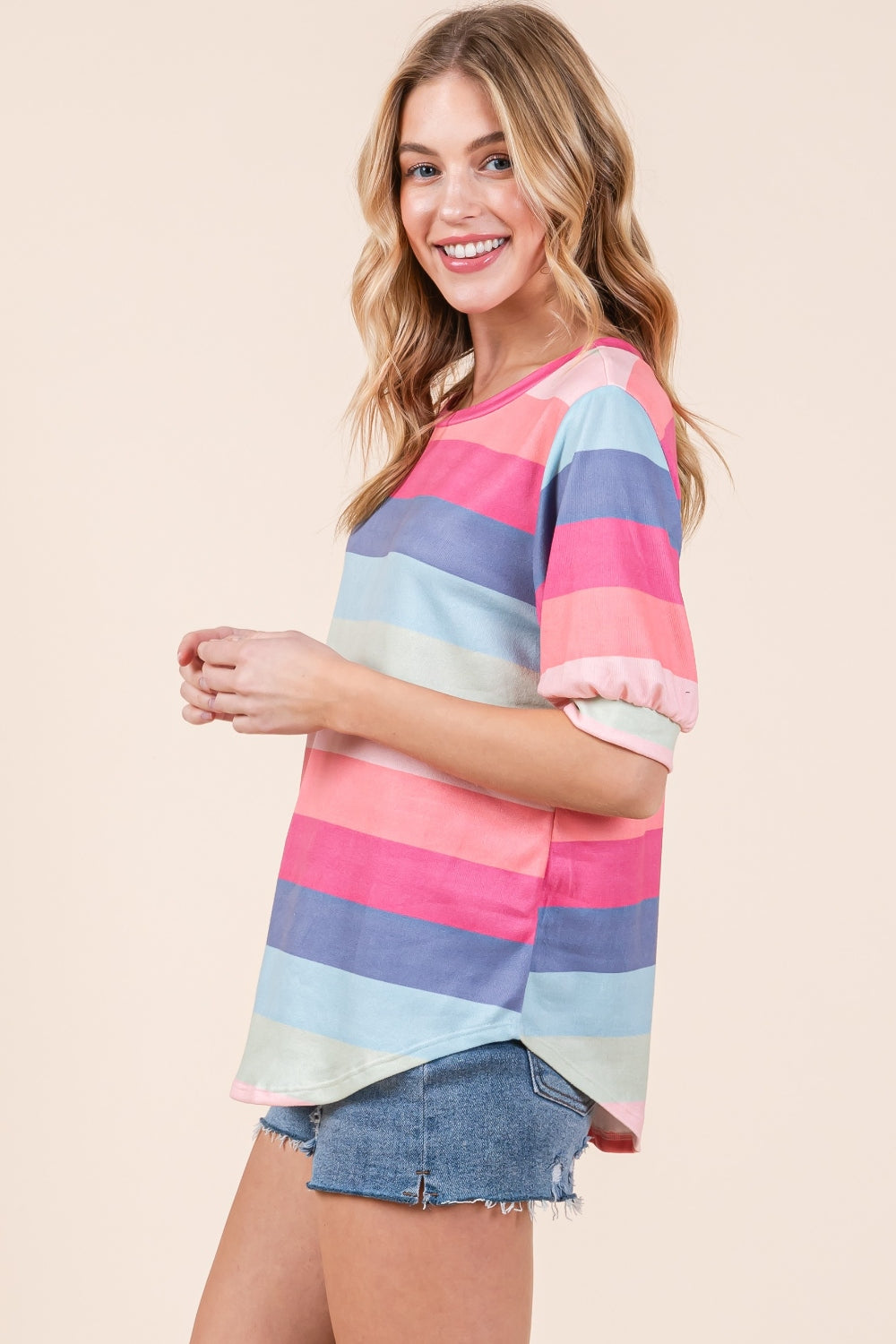 BOMBOM Striped Round Neck Half Sleeve T-Shirt BOMBOM Striped Round Neck Half Sleeve T-Shirt - TopFashionHQ