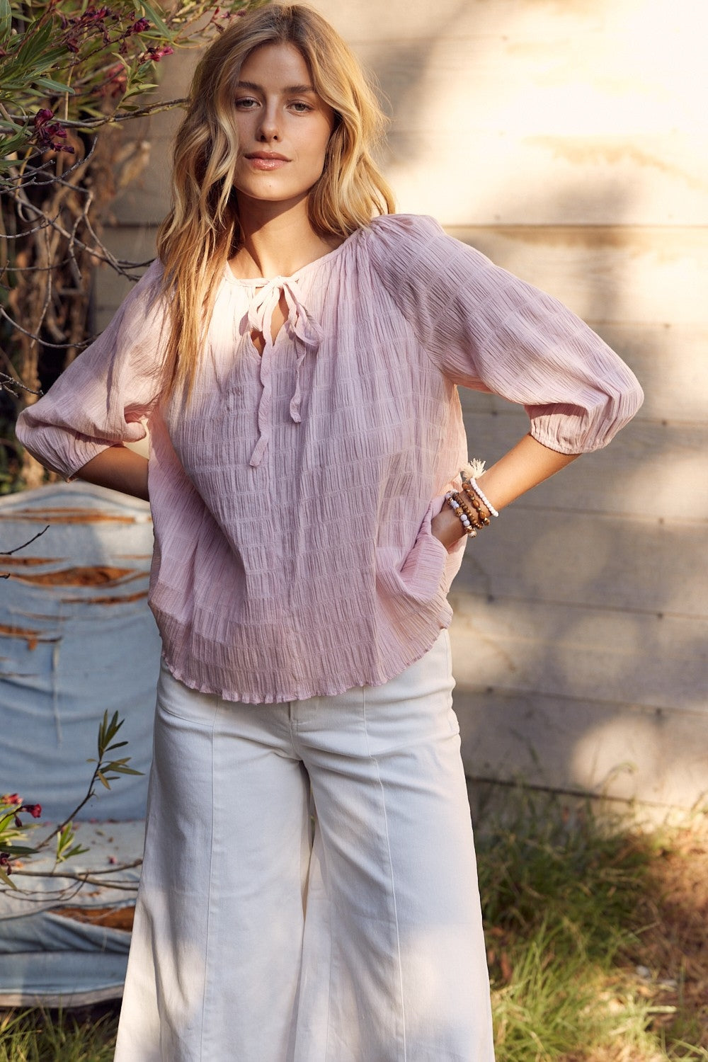 In February Textured Tie Neck Blouse In February Textured Tie Neck Blouse - TopFashionHQ