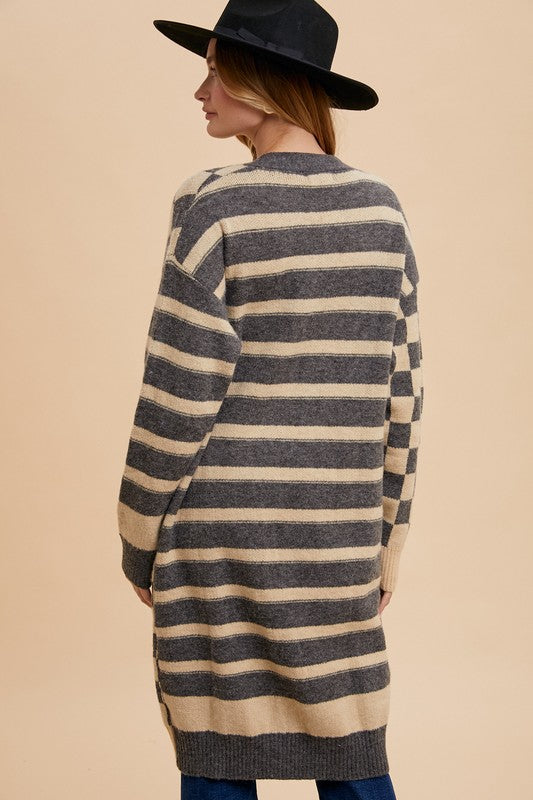 Annie Wear Checkered & Striped Open Front Long Sleeve Cardigan Annie Wear Checkered & Striped Open Front Long Sleeve Cardigan