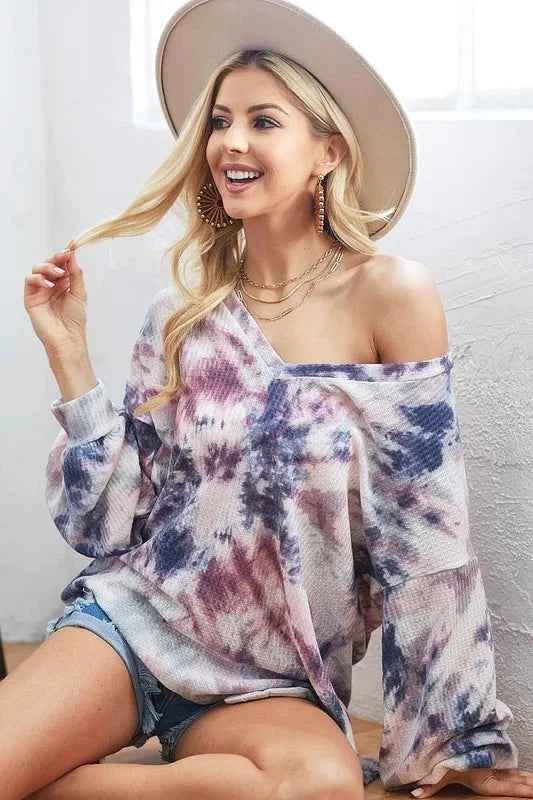 BiBi Tie-Dye V-Neck Long Sleeve Waffle Top BiBi Tie-Dye V-Neck Long Sleeve Waffle Top