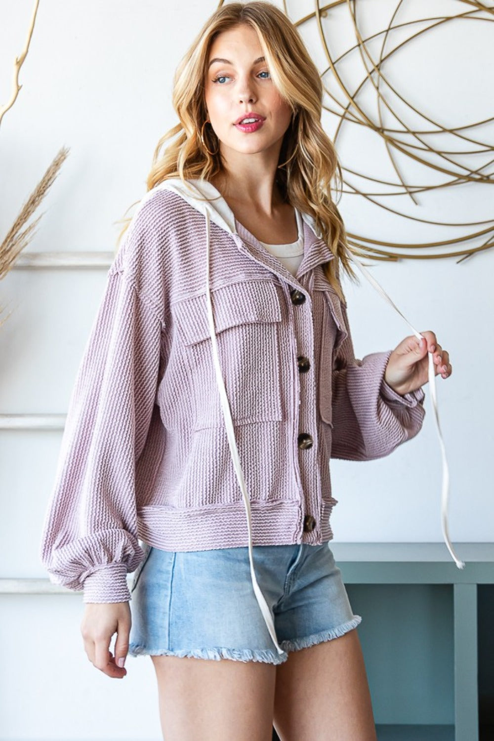 Reborn J Contrast Hooded Button Down Ribbed Jacket Reborn J Contrast Hooded Button Down Ribbed Jacket