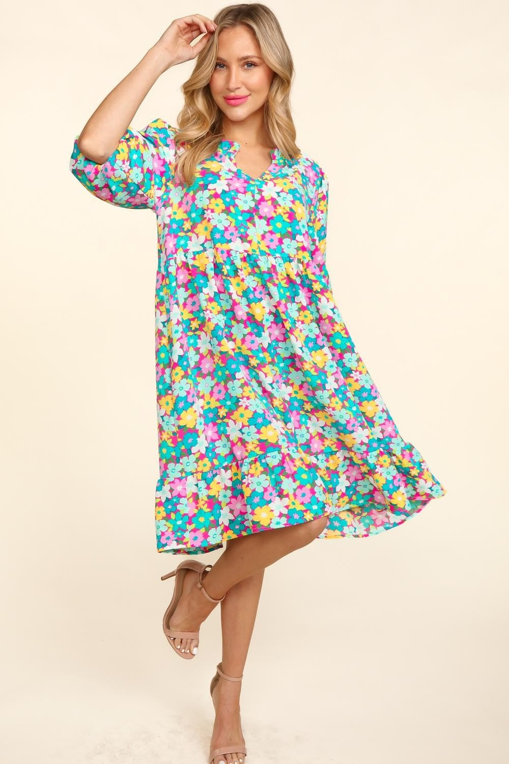 Haptics Bubble Sleeve Floral Ruffled Dress Haptics Bubble Sleeve Floral Ruffled Dress - TopFashionHQ
