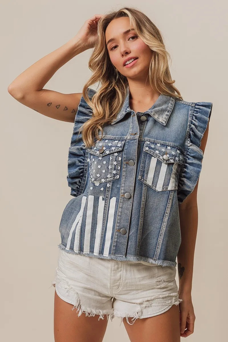 BiBi American Flag Washed Denim Jacket 2691234f-210c-4be4-a152-02f0dfe9669a-Max