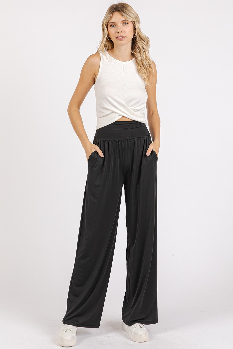 Mittoshop Stretch Banded Waist Wide Leg Pants with Pockets Mittoshop Stretch Banded Waist Wide Leg Pants with Pockets