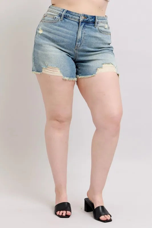 Judy Blue Plus Size High Rise Washed Fly Stitch Detail and Destroy Denim Shorts 26b503bc7b014ec887babef2015329e8-Max-Origin