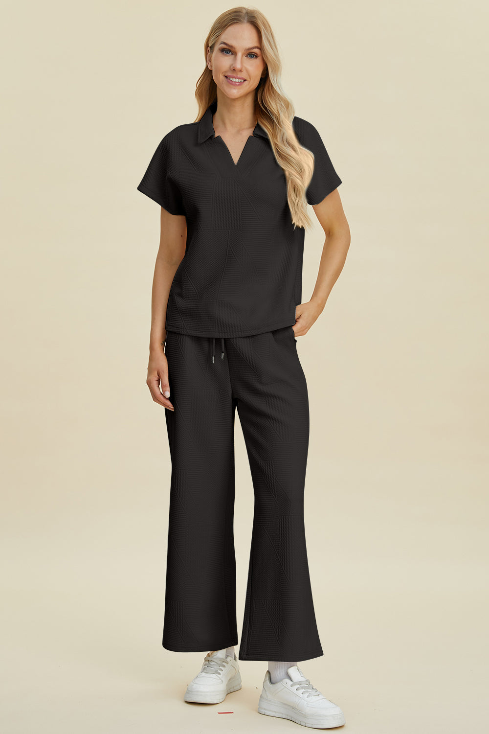 Double Take Full Size Collared Neck Short Sleeve Top and Pants Set Double Take Full Size Collared Neck Short Sleeve Top and Pants Set