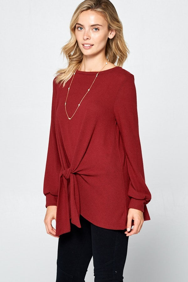 Super Lady Full Size Round Neck Knot Front Hacci Blouse Super Lady Full Size Round Neck Knot Front Hacci Blouse