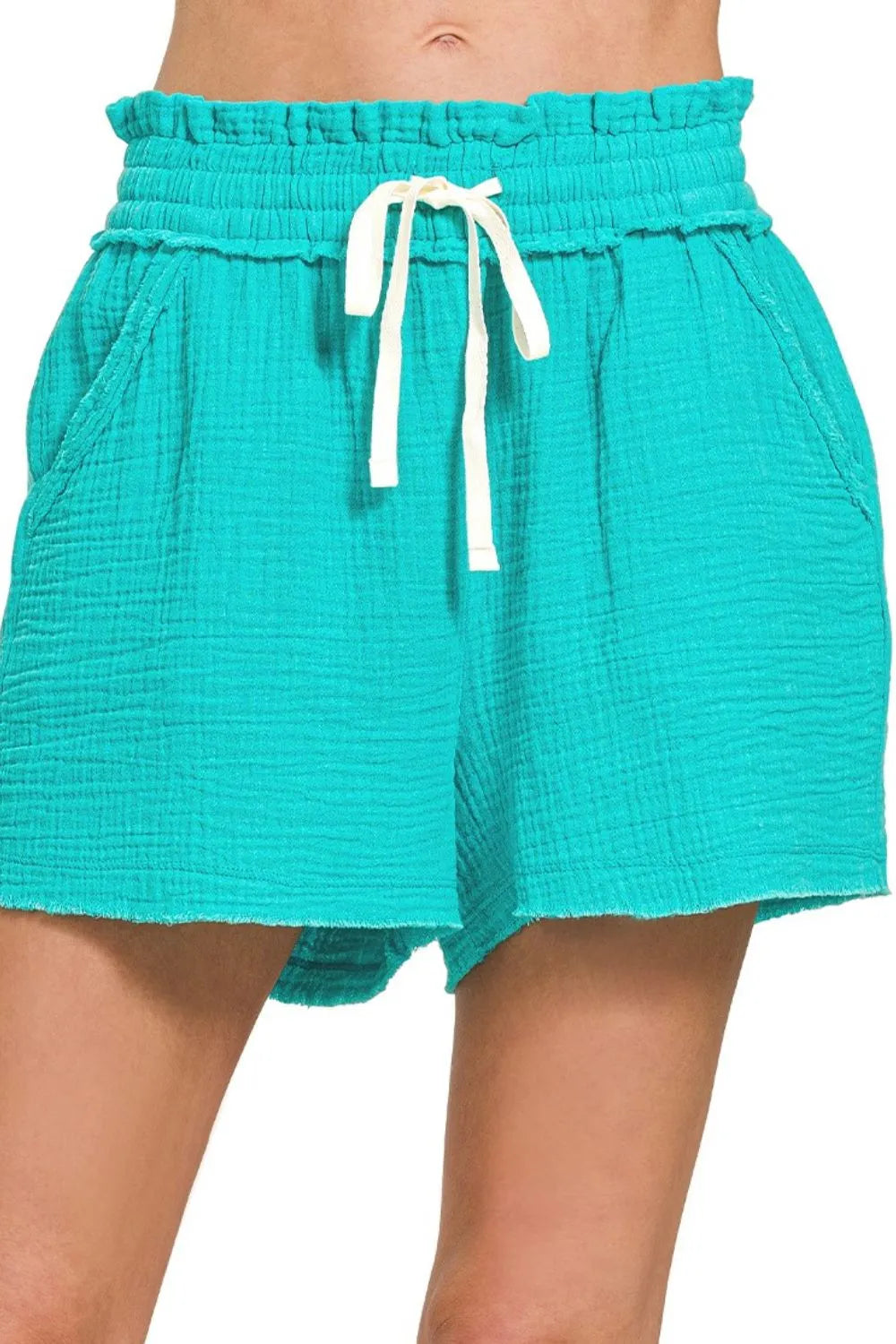 Zenana Double Gauze Elasticband Drawstring Waist Shorts 276c6d60-6048-4442-9e18-b274b262592b-Max-Origin
