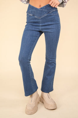 VERY J Washed Denim Stretchy Crossover Waist Leggings - TopFashionHQ