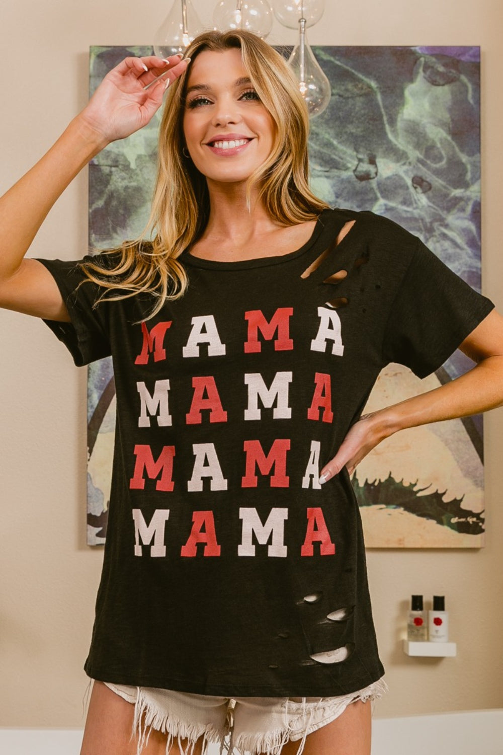 BiBi MAMA Graphic Distressed Short Sleeve T-Shirt BiBi MAMA Graphic Distressed Short Sleeve T-Shirt - TopFashionHQ