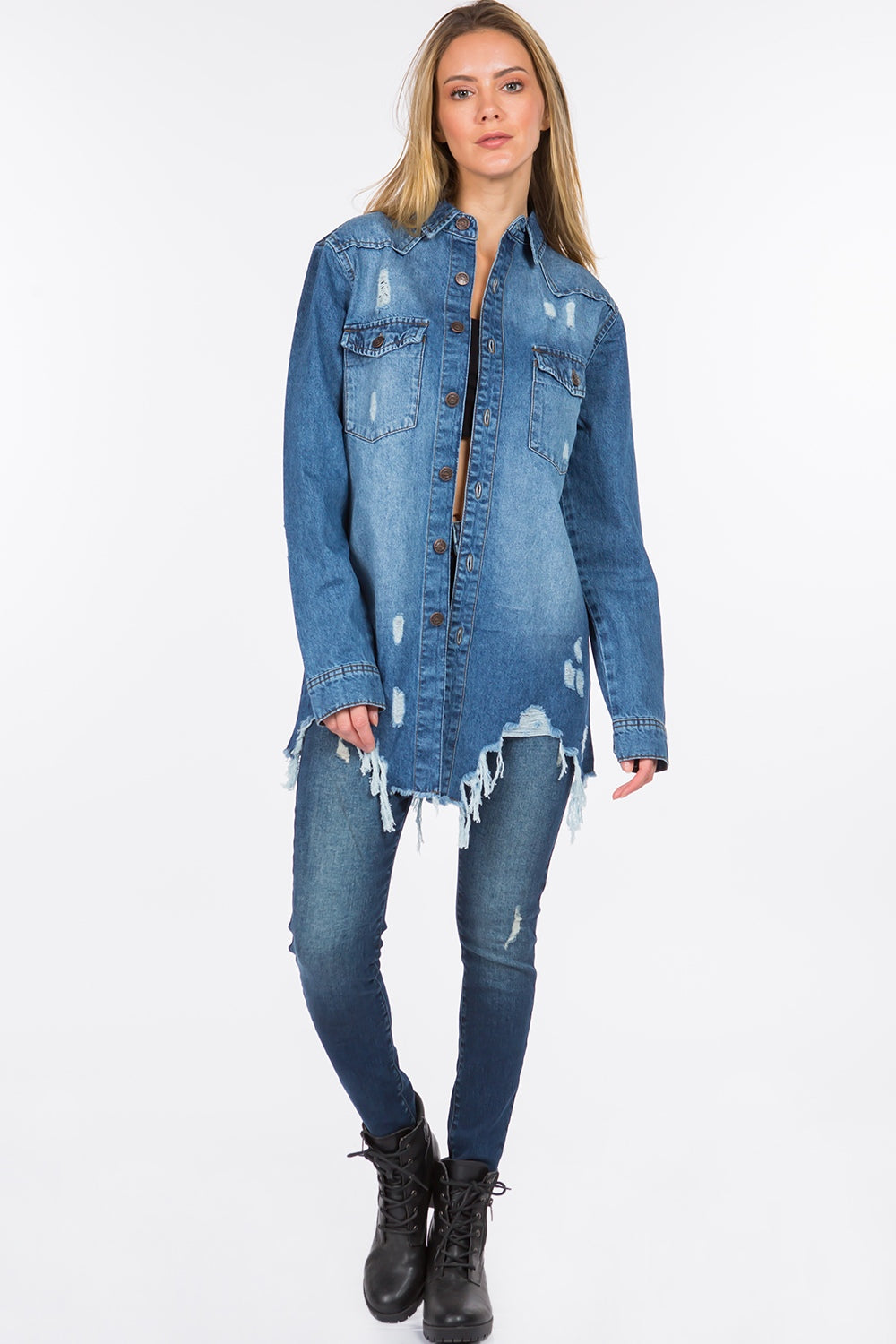 American Bazi Distressed Frayed Hem Denim Jacket American Bazi Distressed Frayed Hem Denim Jacket - TopFashionHQ