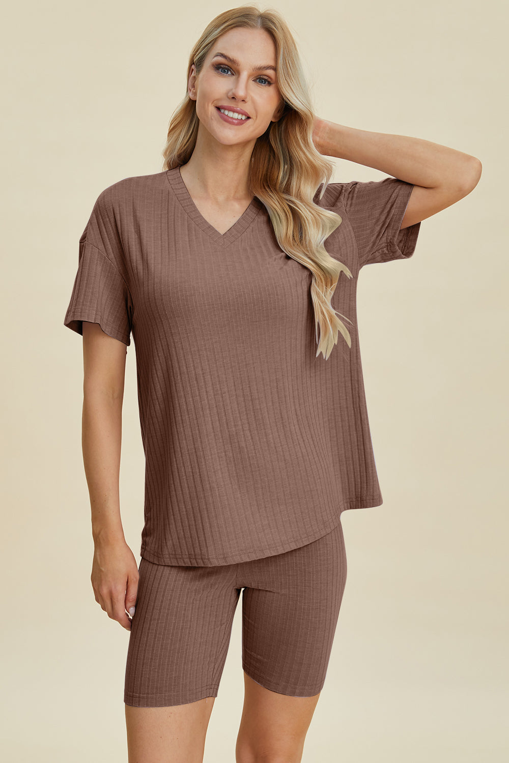 Basic Bae Full Size Ribbed V-Neck Short Sleeve Top and Shorts Set Basic Bae Full Size Ribbed V-Neck Short Sleeve Top and Shorts Set