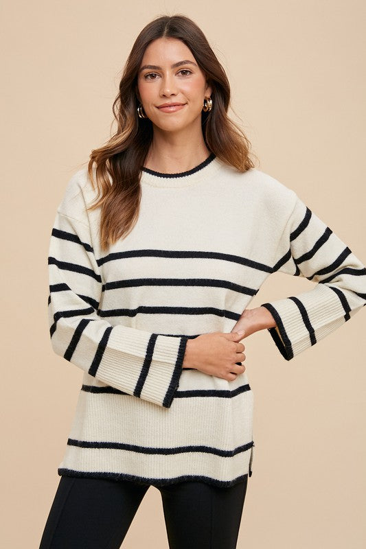 Annie Wear Side Slit Striped Round Neck Sweater Annie Wear Side Slit Striped Round Neck Sweater