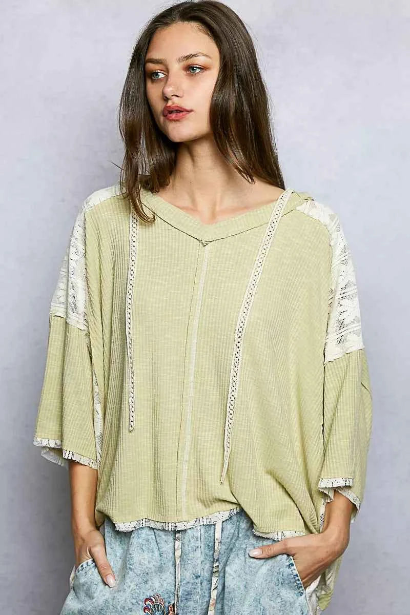 POL Short Sleeve Hoodie Top with Lace Detail POL Short Sleeve Hoodie Top with Lace Detail