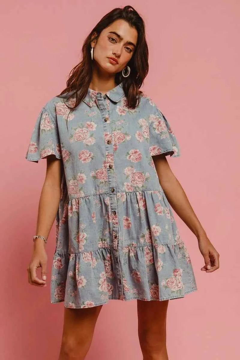 BiBi Floral Print Washed Lightweight Tiered Shirt Dress BiBi Floral Print Washed Lightweight Tiered Shirt Dress