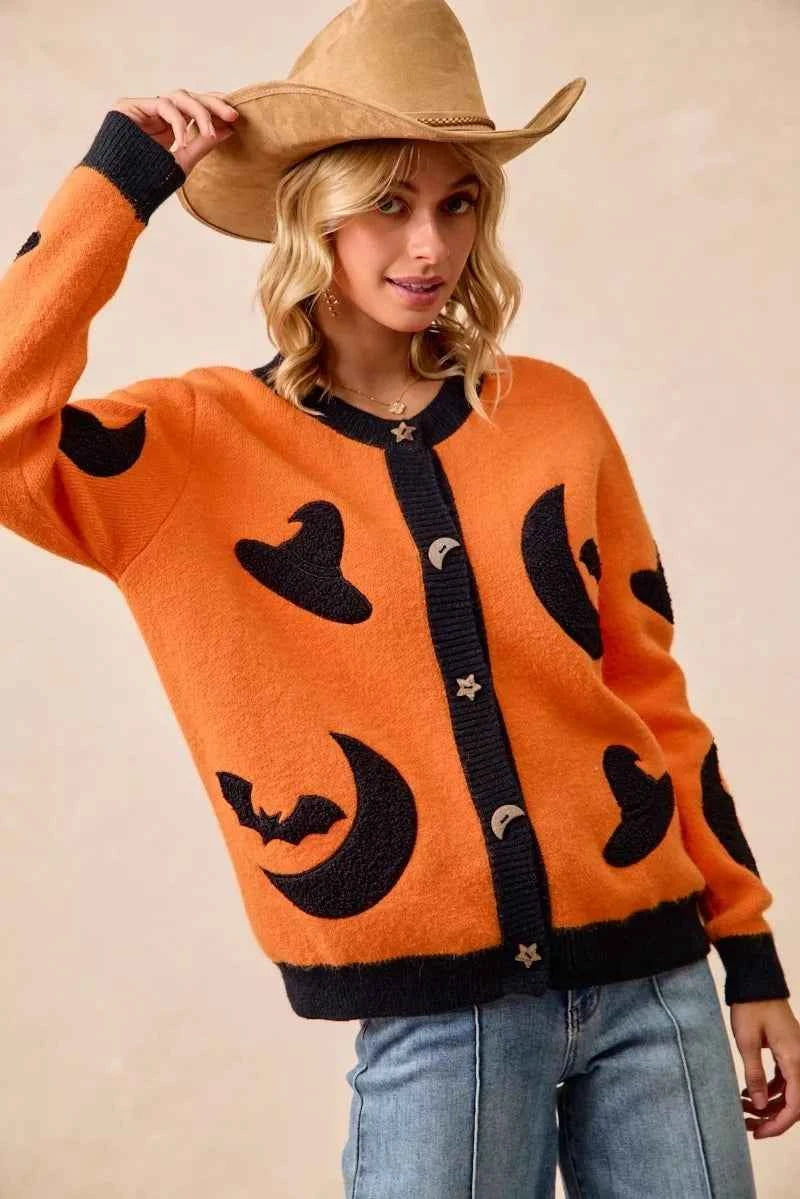 BiBi Halloween Witch Hat Moon Bat Artwork Cardigan BiBi Halloween Witch Hat Moon Bat Artwork Cardigan