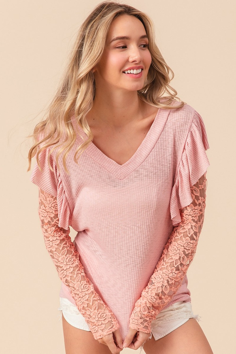 BiBi Ruffled Lace Sleeve Rib Knit Top BiBi Ruffled Lace Sleeve Rib Knit Top - TopFashionHQ