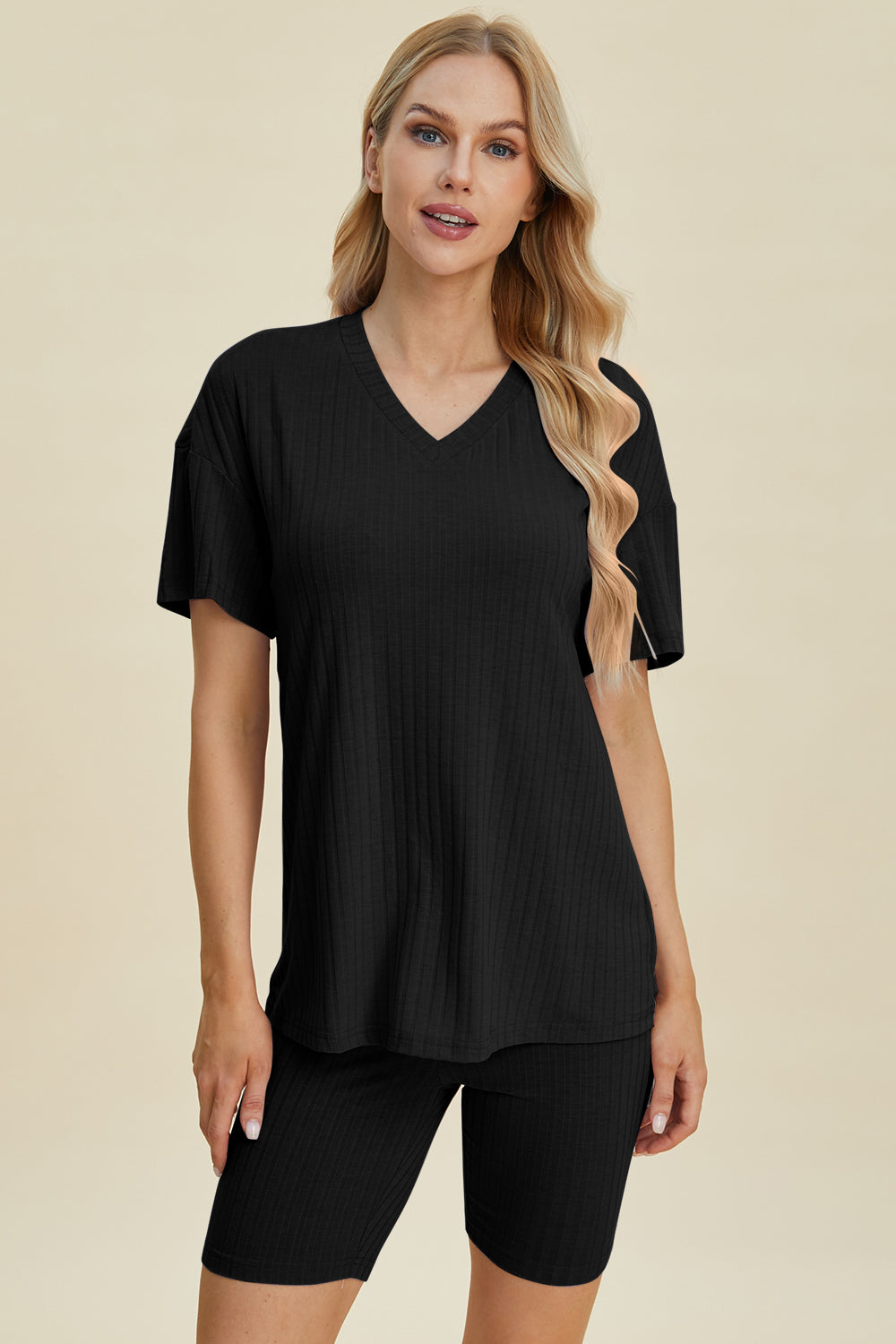 Basic Bae Full Size Ribbed V-Neck Short Sleeve Top and Shorts Set Basic Bae Full Size Ribbed V-Neck Short Sleeve Top and Shorts Set