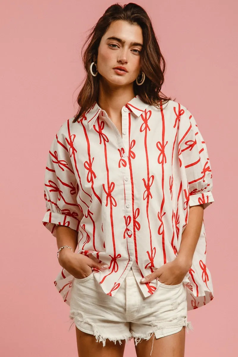 BiBi Bow Ribbon Woven Printed Button Down Shirt 285486b81e794d27af96ae33ac3f29f2-Max-Origin