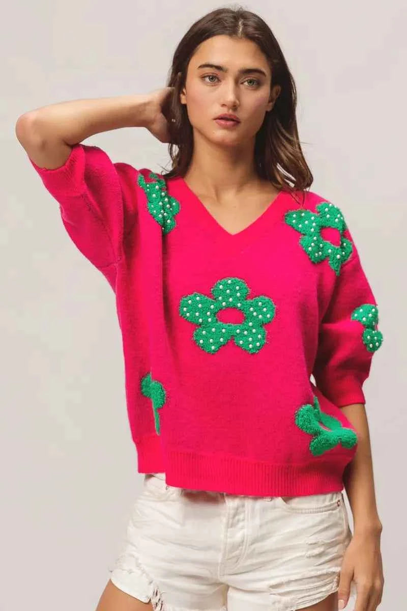 BiBi Pearl Beads Flowers Sweater Top BiBi Pearl Beads Flowers Sweater Top