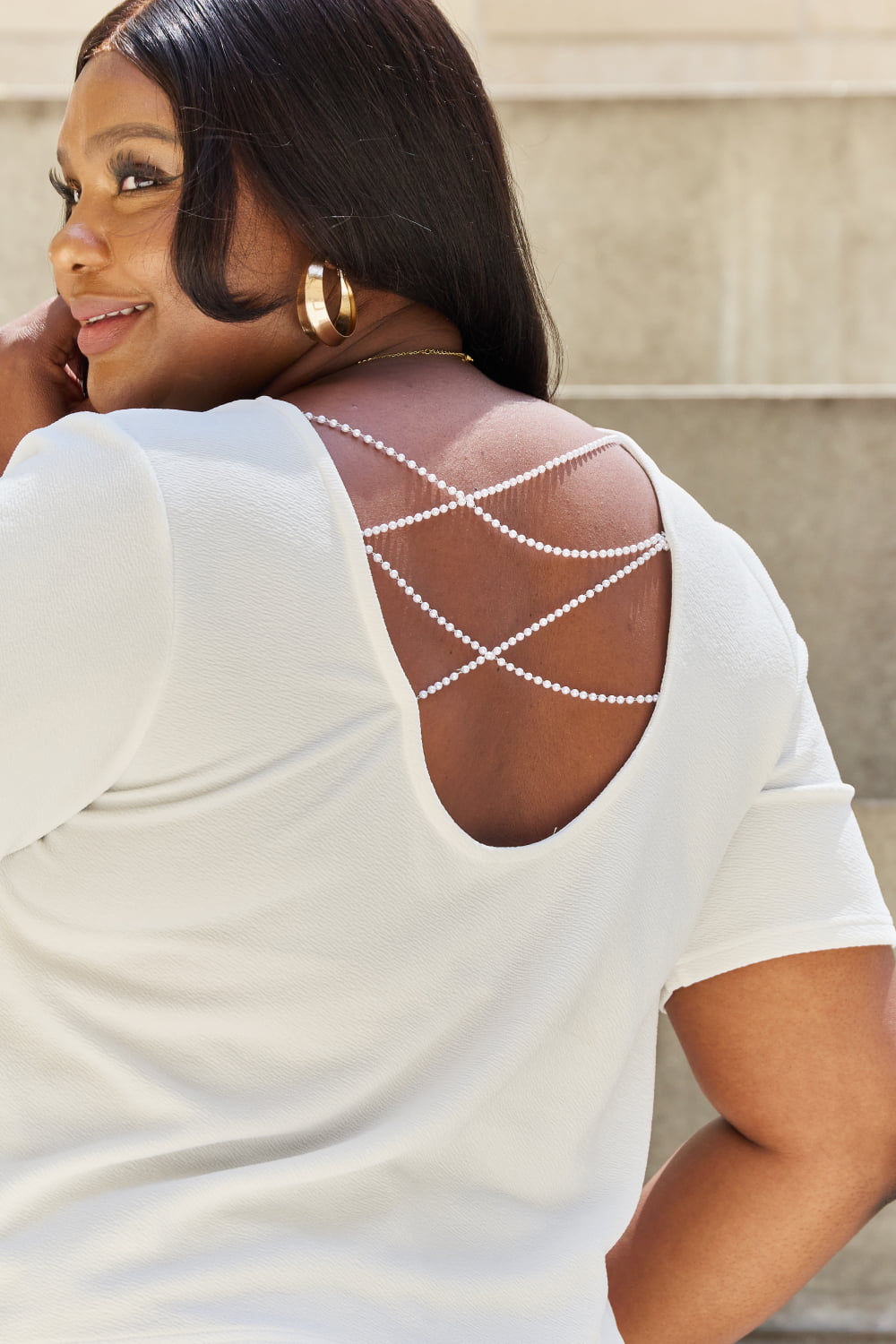 And The Why Pearly White Full Size Criss Cross Pearl Detail Open Back T-Shirt And The Why Pearly White Full Size Criss Cross Pearl Detail Open Back T-Shirt - TopFashionHQ