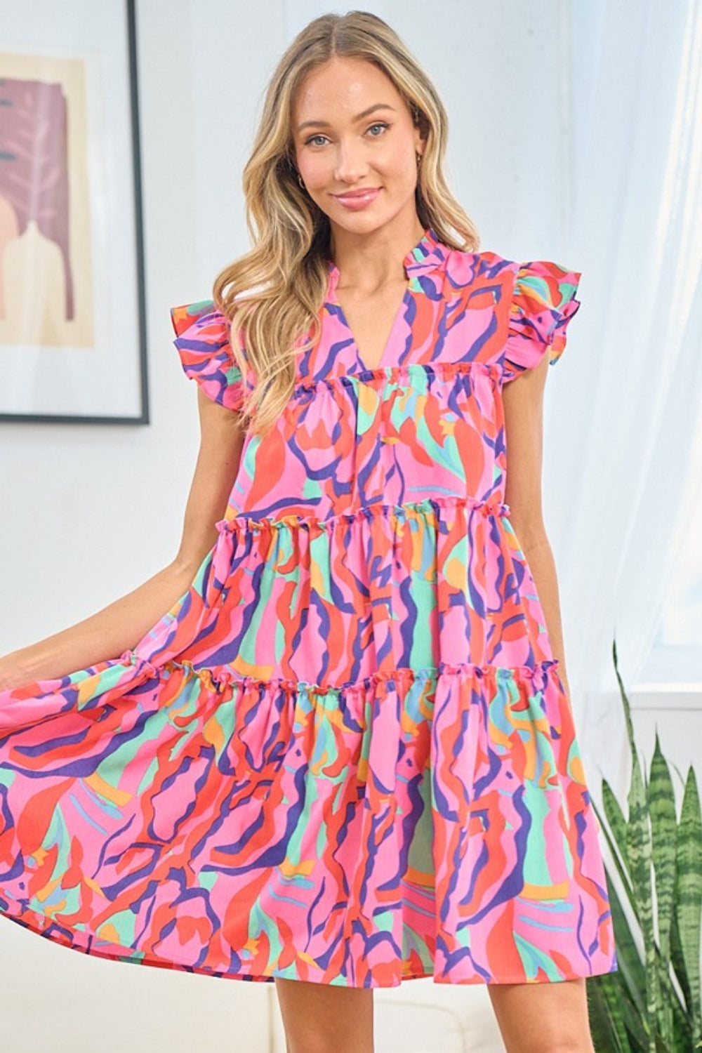 First Love Full Size Printed Ruffle Cap Sleeve Tiered Dress First Love Full Size Printed Ruffle Cap Sleeve Tiered Dress - TopFashionHQ
