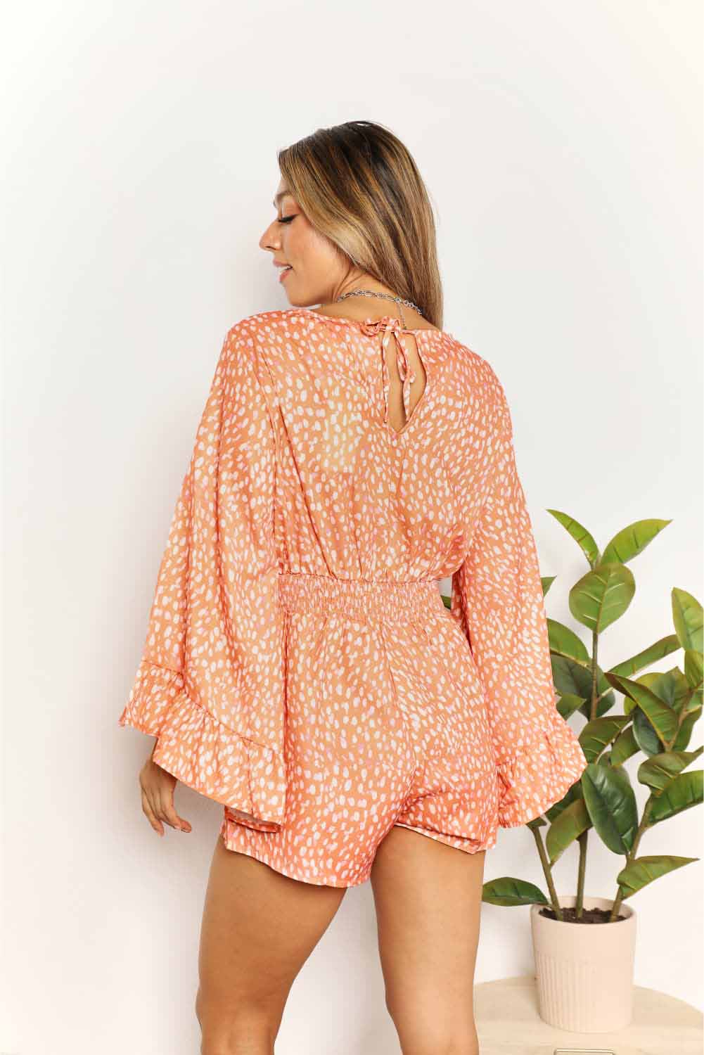 Double Take Printed Flare Sleeve Surplice Romper Double Take Printed Flare Sleeve Surplice Romper - TopFashionHQ