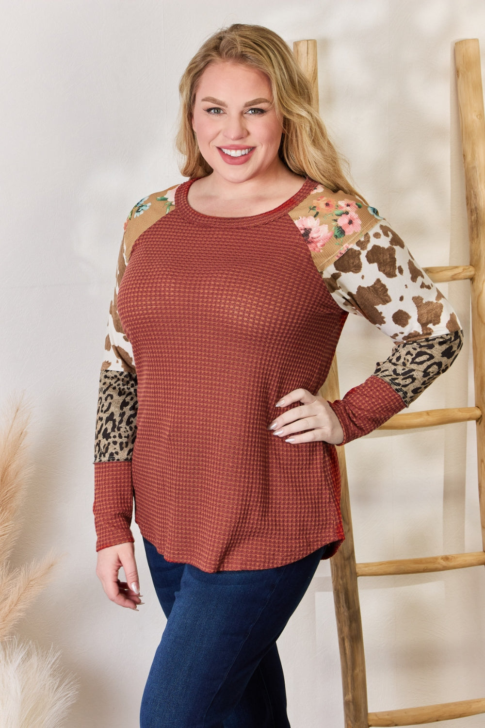 Hailey & Co Full Size Leopard Waffle-Knit Blouse Hailey & Co Full Size Leopard Waffle-Knit Blouse - TopFashionHQ