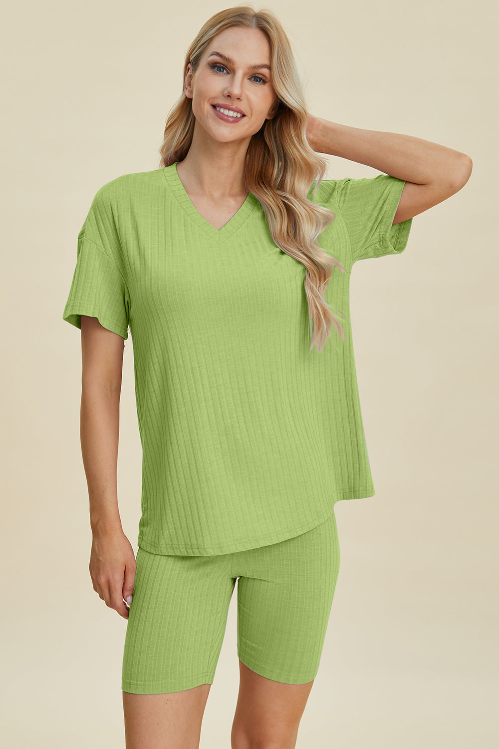 Basic Bae Full Size Ribbed V-Neck Short Sleeve Top and Shorts Set Basic Bae Full Size Ribbed V-Neck Short Sleeve Top and Shorts Set