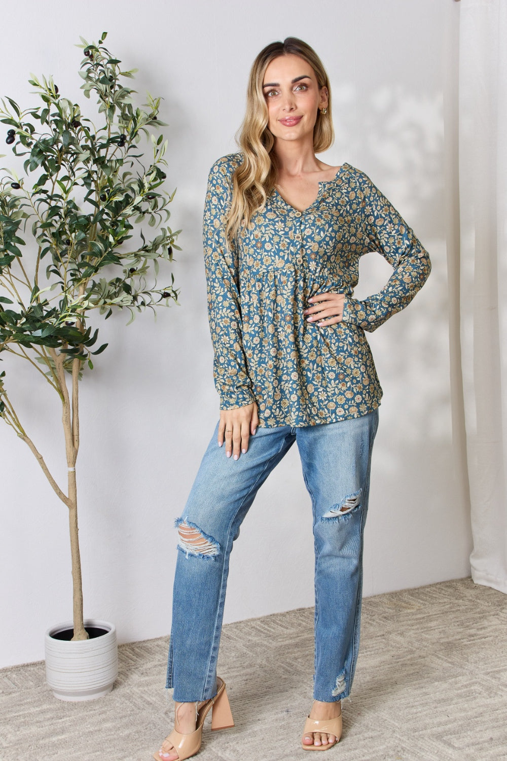 Heimish Full Size Floral Half Button Long Sleeve Blouse Heimish Full Size Floral Half Button Long Sleeve Blouse - TopFashionHQ