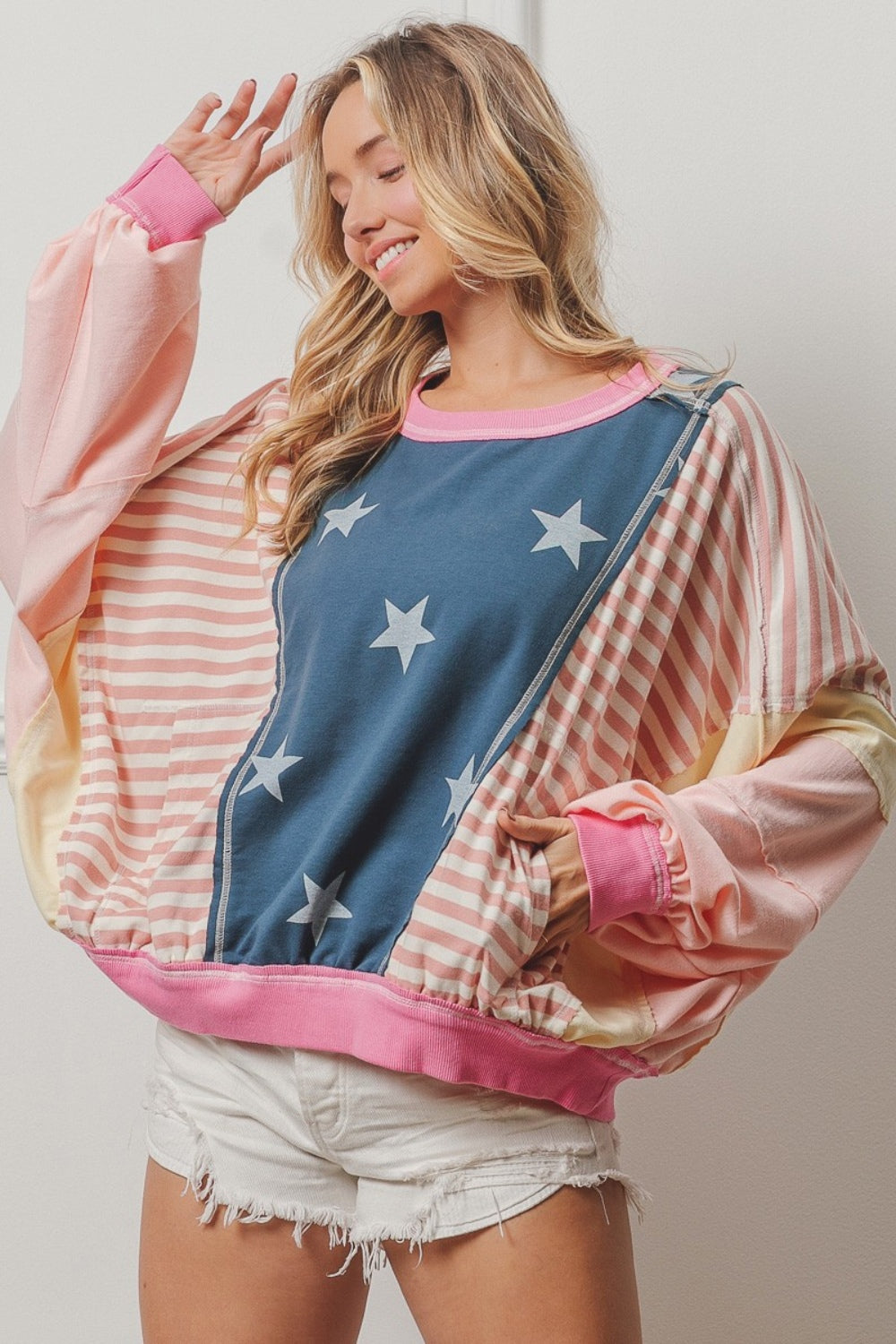 BiBi Stars and Stripes Round Neck Long Sleeve Top BiBi Stars and Stripes Round Neck Long Sleeve Top - TopFashionHQ